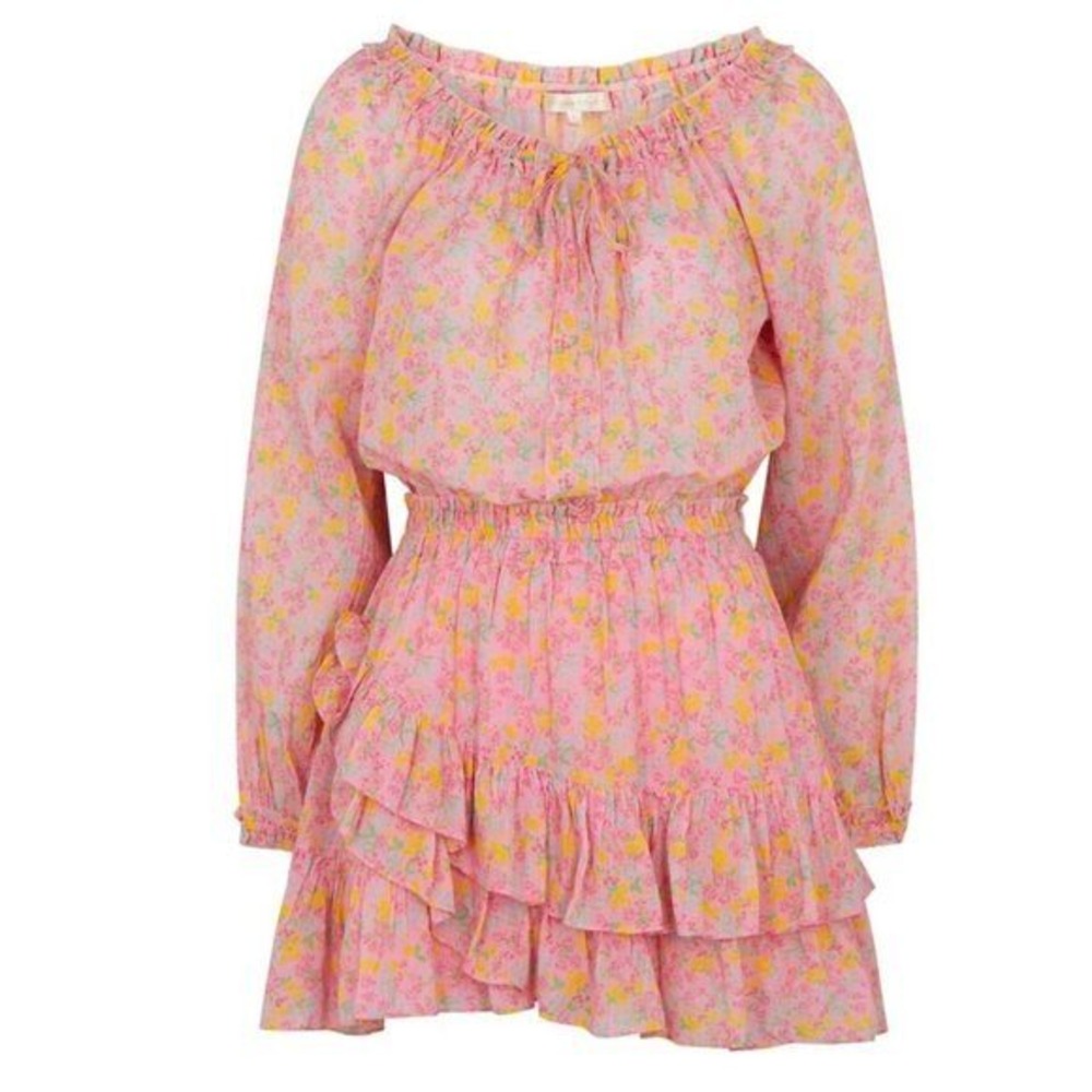 LoveShackFancy Pink Floral Tiered Mini Dress